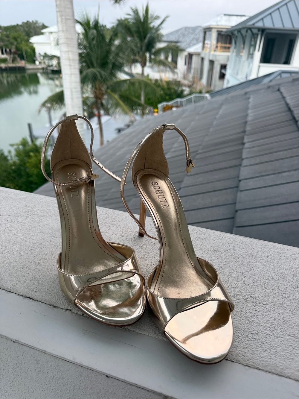 SCHUTZ Metallic Gold Open-Toe Ankle-Strap Stilettos - Picture 2 of 3